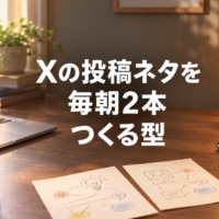 朝の光が差す机に、メモ用紙とノートパソコン、スマートフォンが並ぶ様子