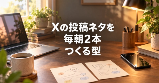 朝の光が差す机に、メモ用紙とノートパソコン、スマートフォンが並ぶ様子