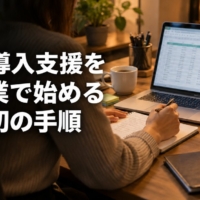 小さな事務所で、ノートパソコンの画面を見ながら業務の流れを確認する二人