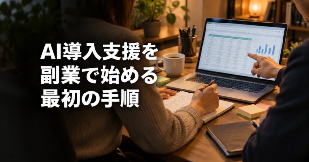 小さな事務所で、ノートパソコンの画面を見ながら業務の流れを確認する二人
