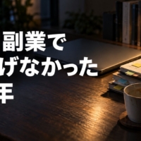 ノートパソコンの前で、AIの学習メモが積み重なった机