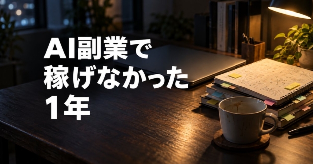 ノートパソコンの前で、AIの学習メモが積み重なった机