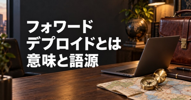 フォワードデプロイドの記事のアイキャッチ。ノートパソコンと地図・コンパス・ブリーフケースを置いたデスク