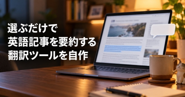 英語の記事を選択すると日本語の要約が吹き出しで出ているMacの画面