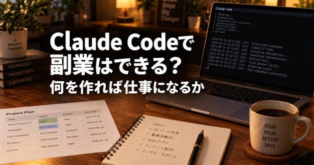 Claude Codeの実行ログが映るノートパソコンと、作業予定表やメモを広げた夜の作業机