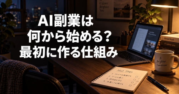 会社員の机の上で、作業の手順を書き出したメモとノートパソコンが並んでいる様子