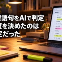 検索語句の一覧をAIが仕分けしている画面と手元のメモ