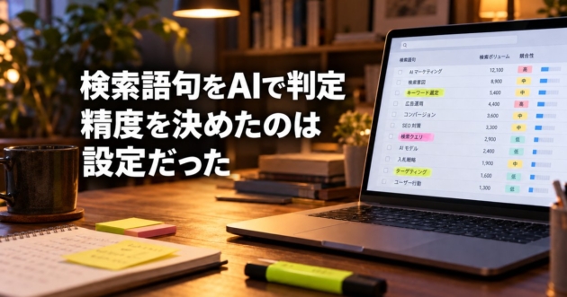 検索語句の一覧をAIが仕分けしている画面と手元のメモ