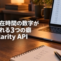 滞在時間の集計表と電卓が並ぶノートパソコンのデスク風景