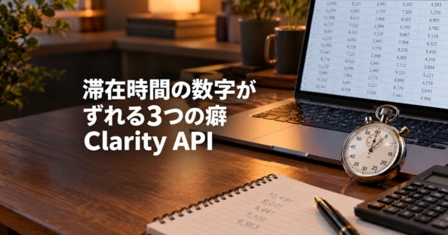 滞在時間の集計表と電卓が並ぶノートパソコンのデスク風景