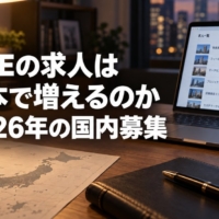 日本地図と求人一覧の画面が並ぶデスクのイラスト