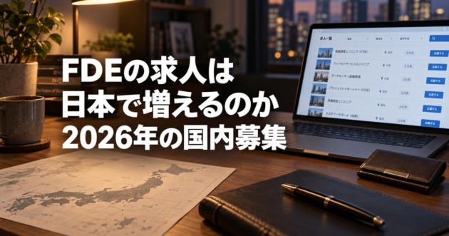 日本地図と求人一覧の画面が並ぶデスクのイラスト